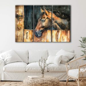 3 panels horse in stable canvas art