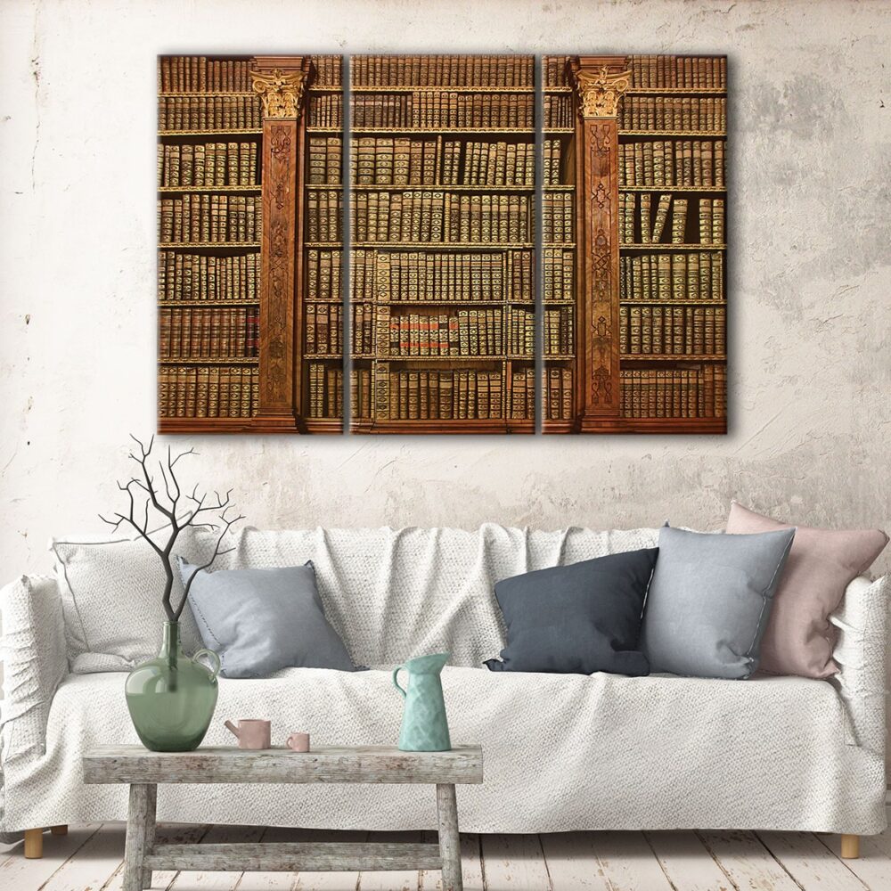 3 panels vintage bookshelf canvas art