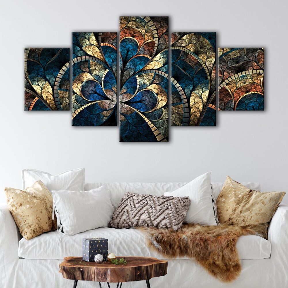 5 panels blue and bronze fracta canvas art