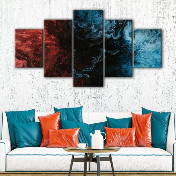 5 panels blue and red marble canvas art