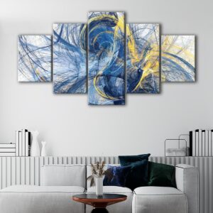 5 panels blue and yellow lines canvas art