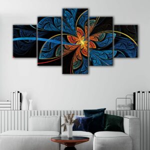 5 panels blue fractal canvas art