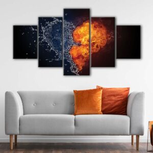 5 panels fire and water heart canvas art