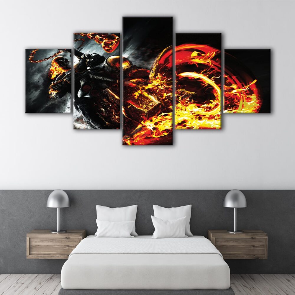 5 panels fire motorcycle canvas art