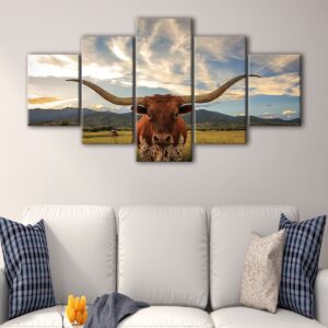 5 panels longhorn cow canvas art