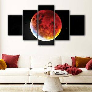 5 panels red moon canvas art