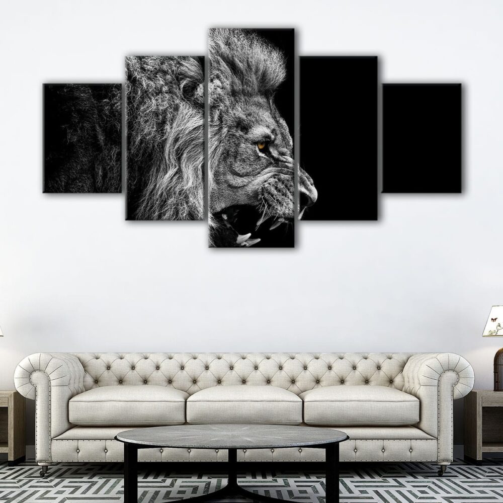 tableau lion en noir et blanc 5 pièces