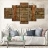 5 panels vintage bookshelf canvas art