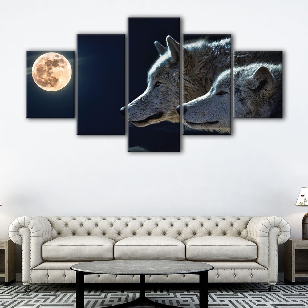 5 panels wolves under the moon canvas art