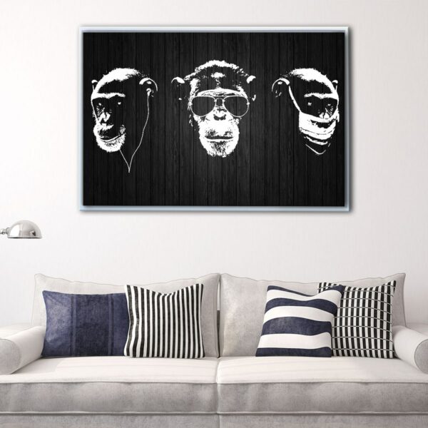 black 3 wise monkeys floating frame canvas