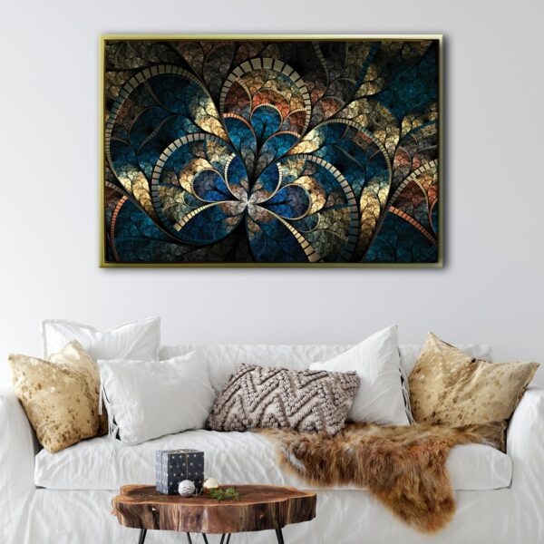 tableau fractale bleue et bronze avec cadre flottant