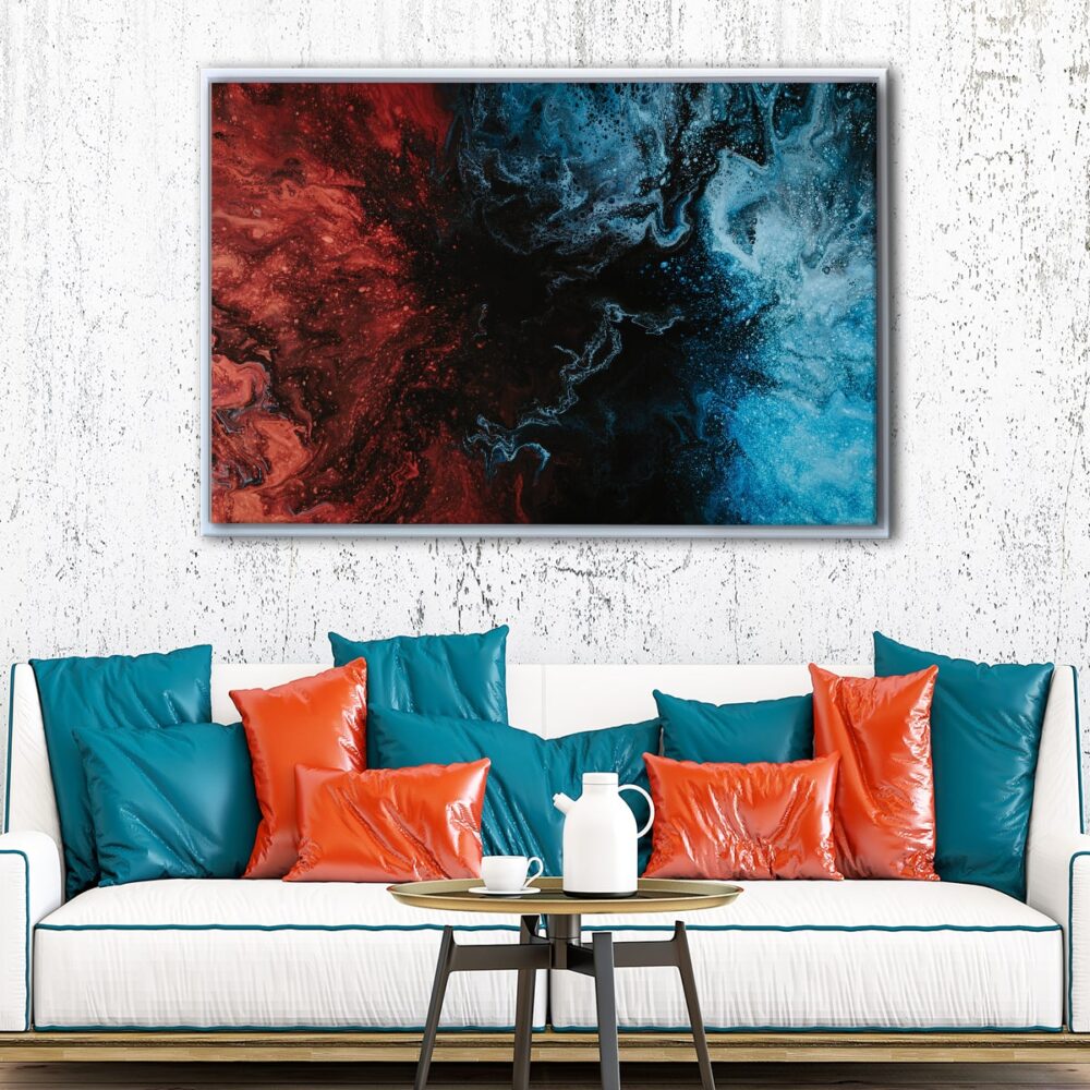 tableau marbre bleu et rouge avec cadre flottant