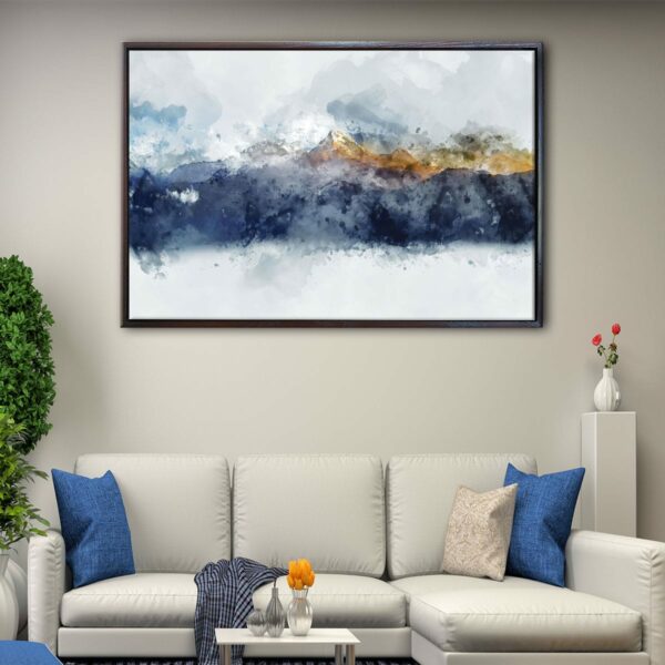 blue watercolor mountain floating frame canvas