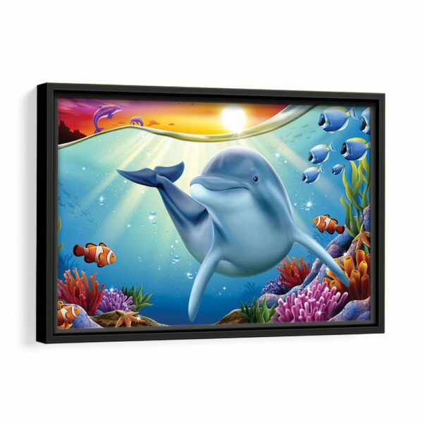 cartoon dolphin framed canvas black frame