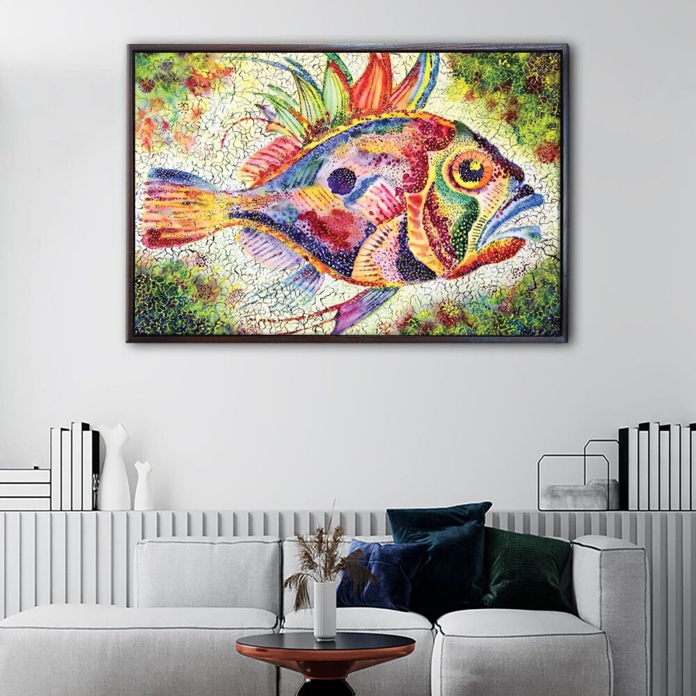 tableau poisson coloré avec cadre flottant