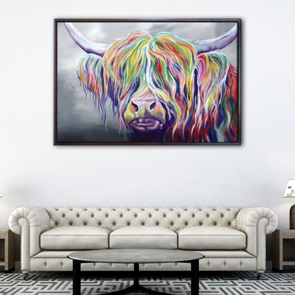 colorful highland cow floating frame canvas