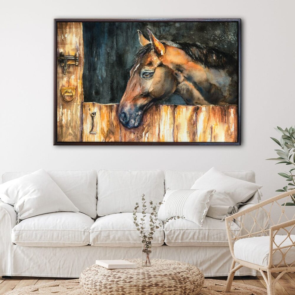 horse in stable floating frame canvas