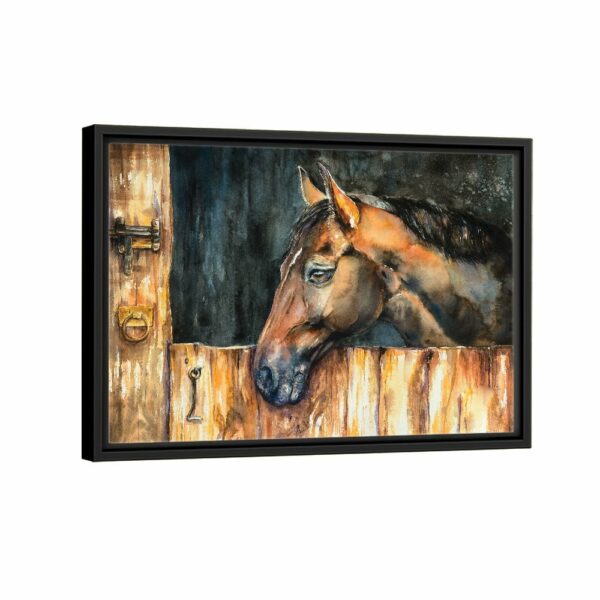 horse in stable framed canvas black frame