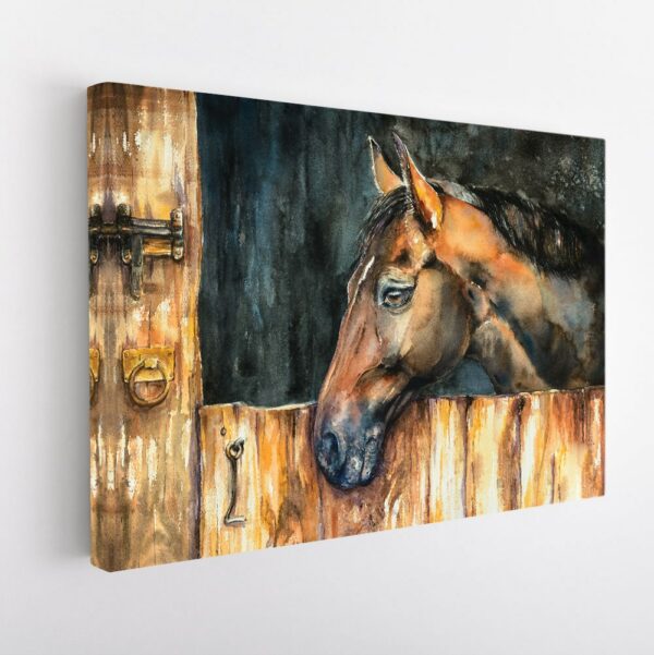 horse in stable stretched canvas