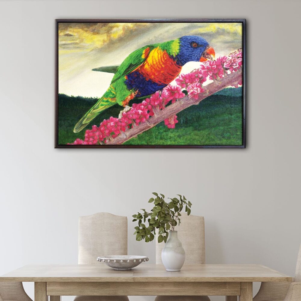 rainbow parrot floating frame canvas