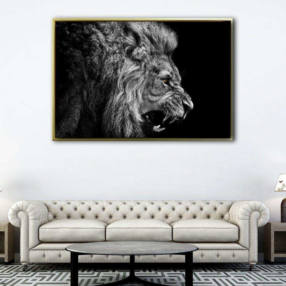 tableau lion en noir et blanc avec cadre flottant