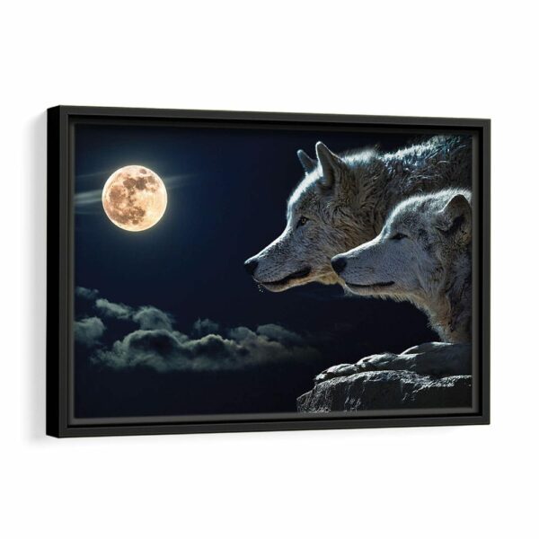 wolves under the moon framed canvas black frame