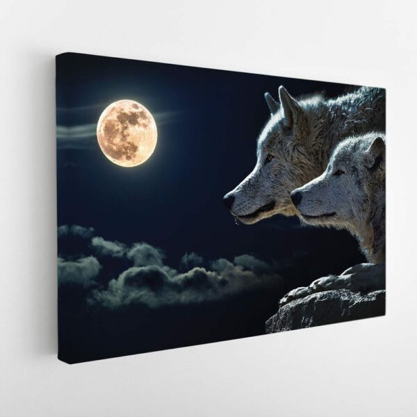 wolves under the moon stretched canvas