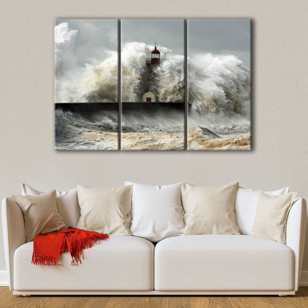 3 panels lighthouse fighting storm canvas art