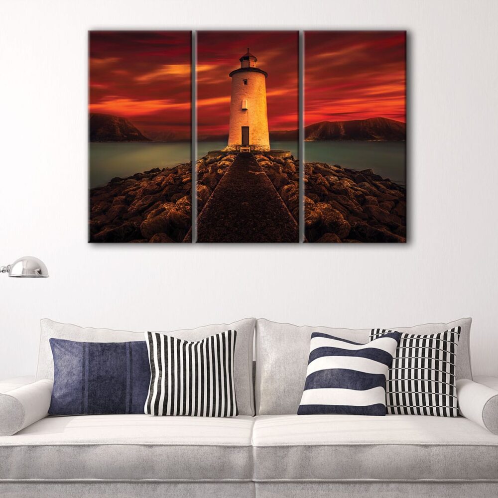 3 panels lighthouse in red canvas art