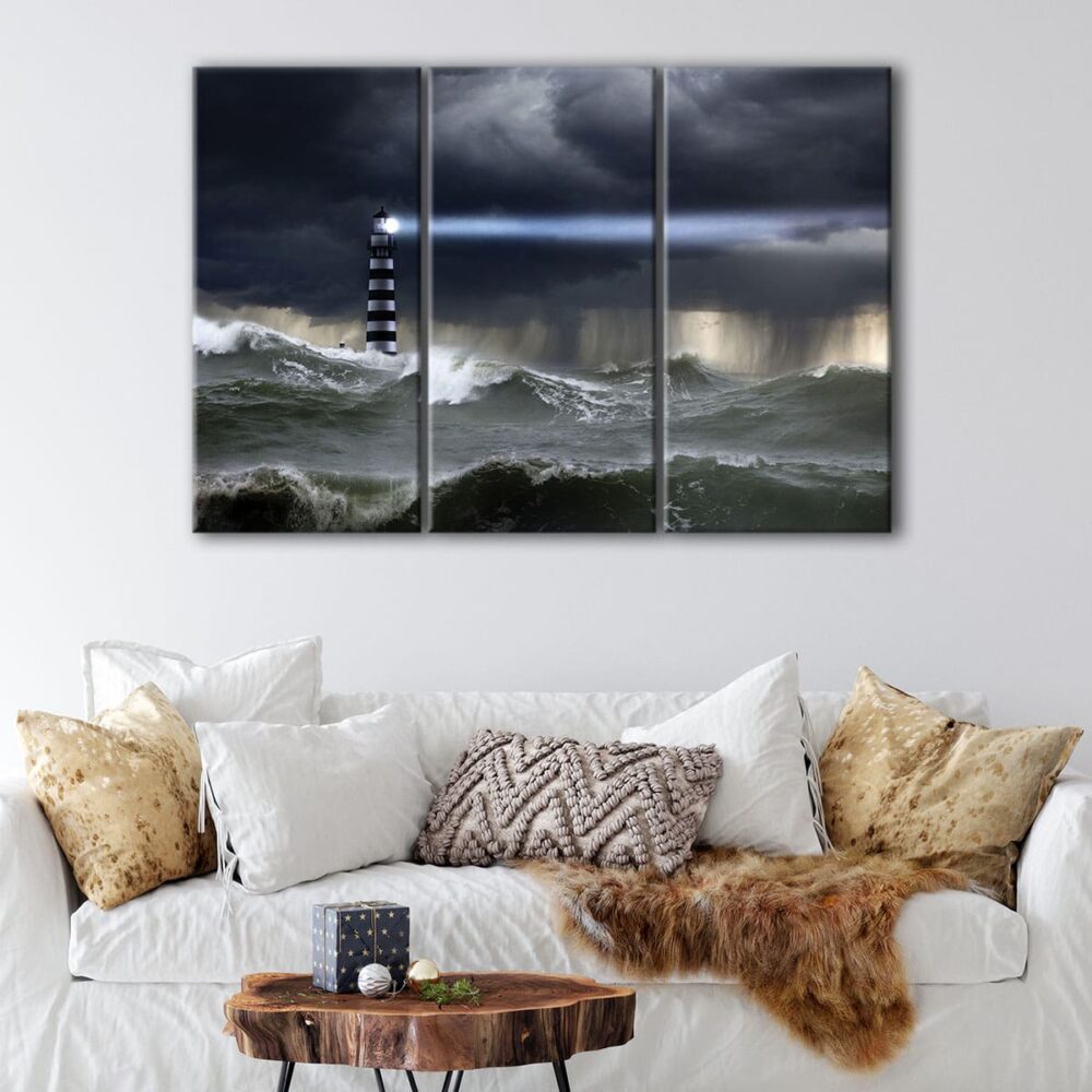 3 panels lighthouse in storm canvas art