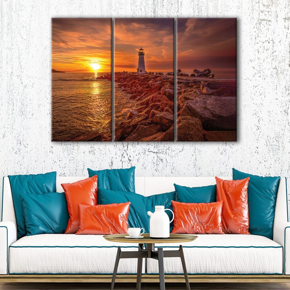 3 panels lighthouse sunset canvas art