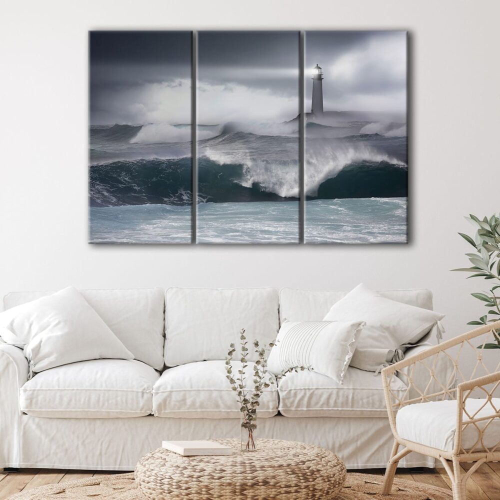 3 panels stormy lighthouse canvas art