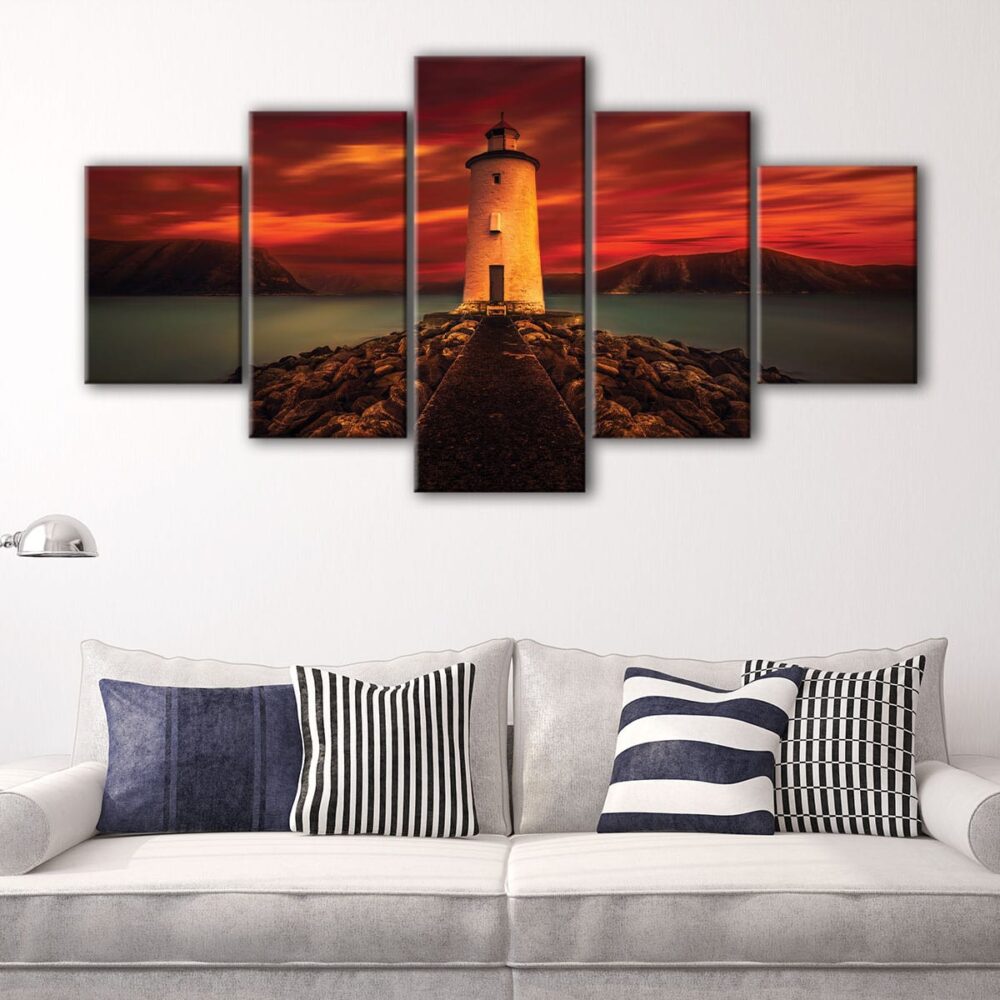 5 panels lighthouse in red canvas art