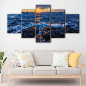 5 panels rocky beach sunrise canvas art