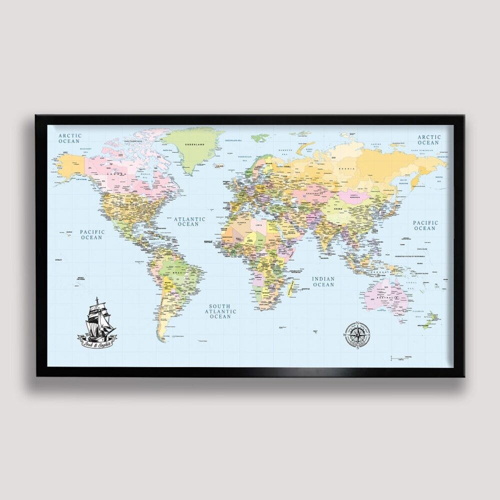 atlas push pin world map black frame