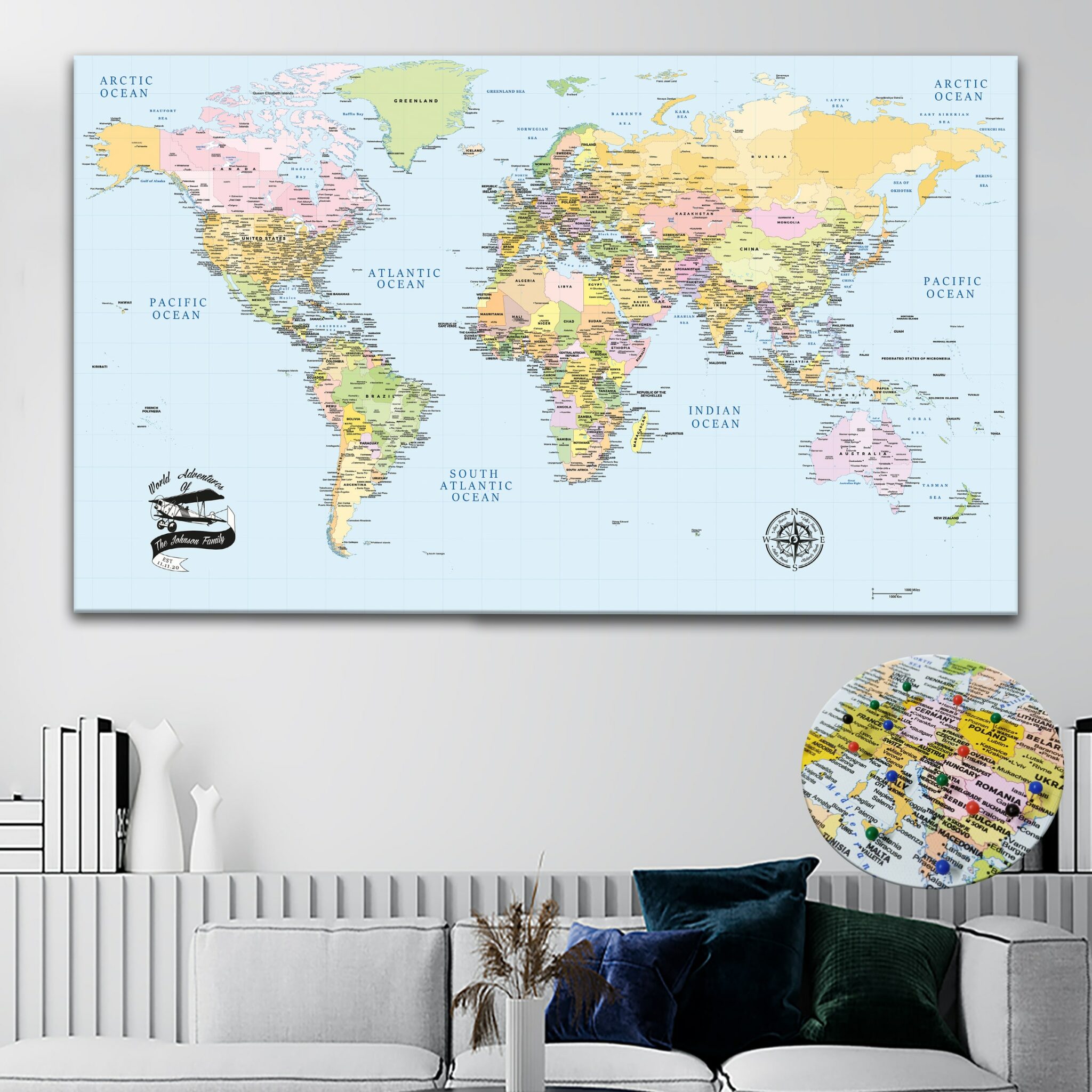 Atlas Push Pin World Map | Personalized Large Politcal World Map