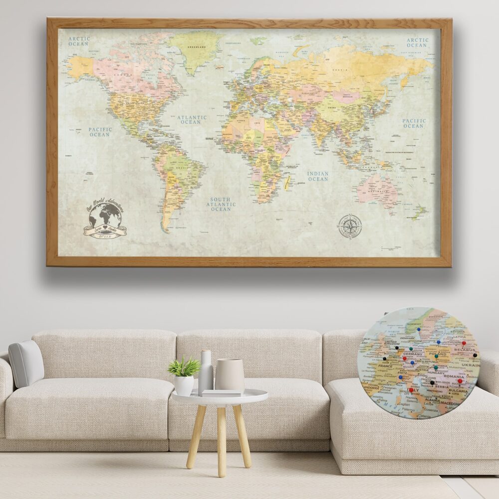 classic push pin world map framed