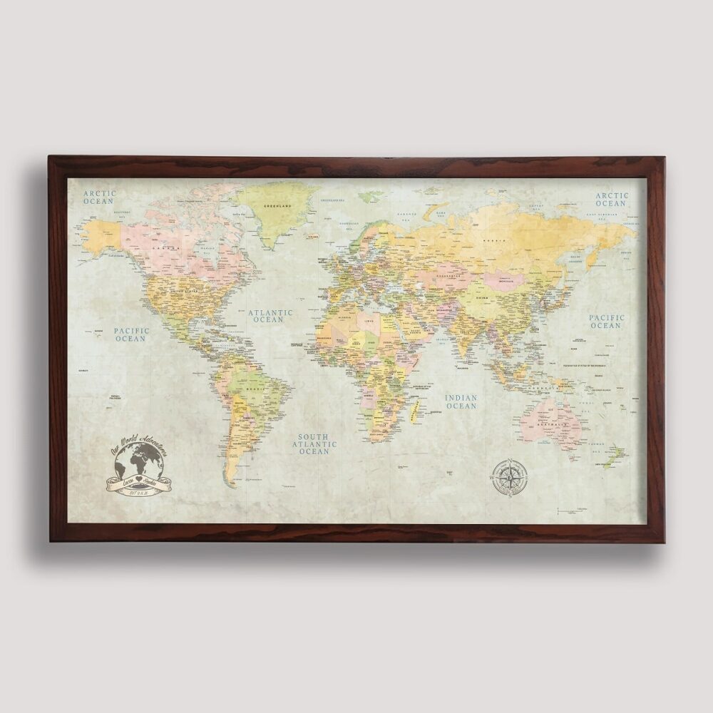 framed world map - walnut frame