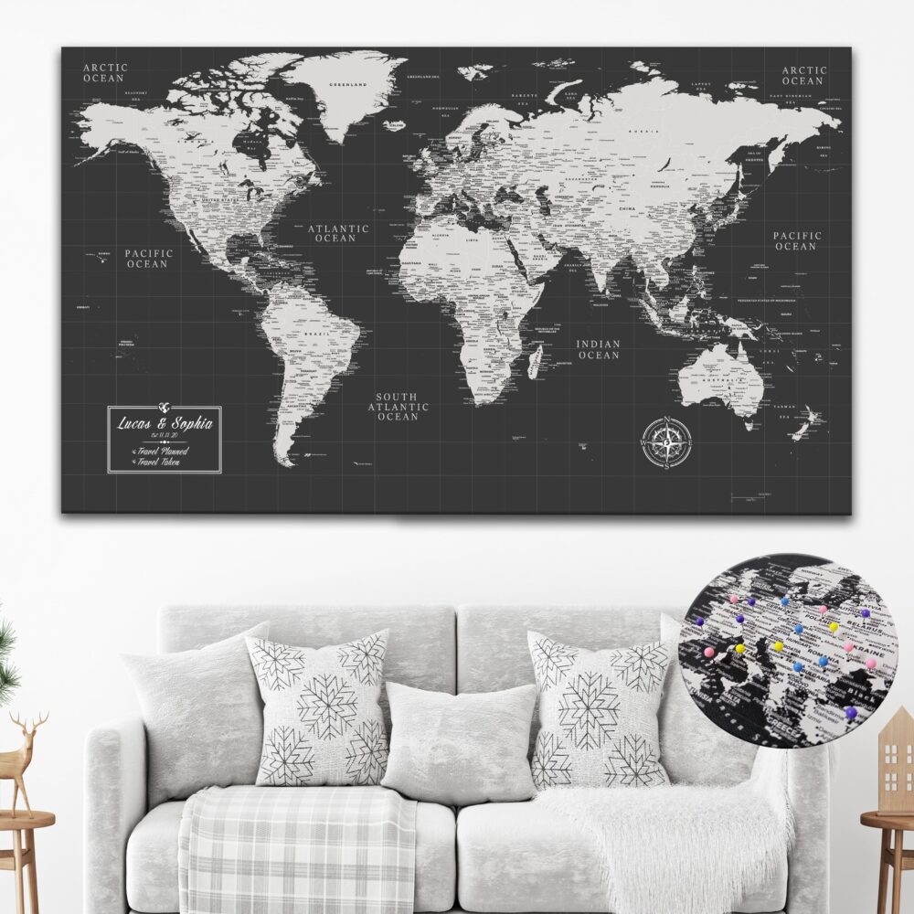 dark grey push pin world map