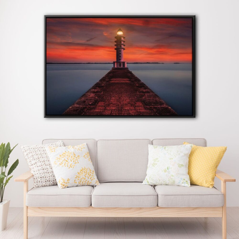 lighthouse at night floating frame canvas