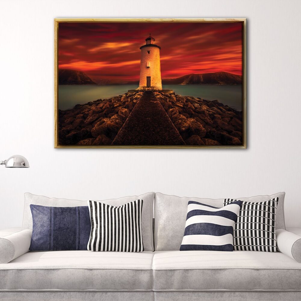 lighthouse in red floating frame canvas