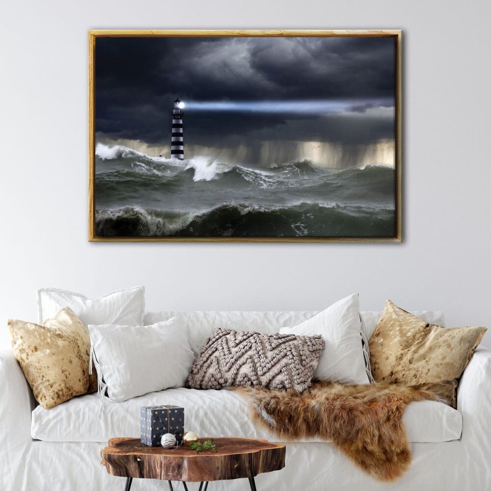 lighthouse in storm floating frame canvas