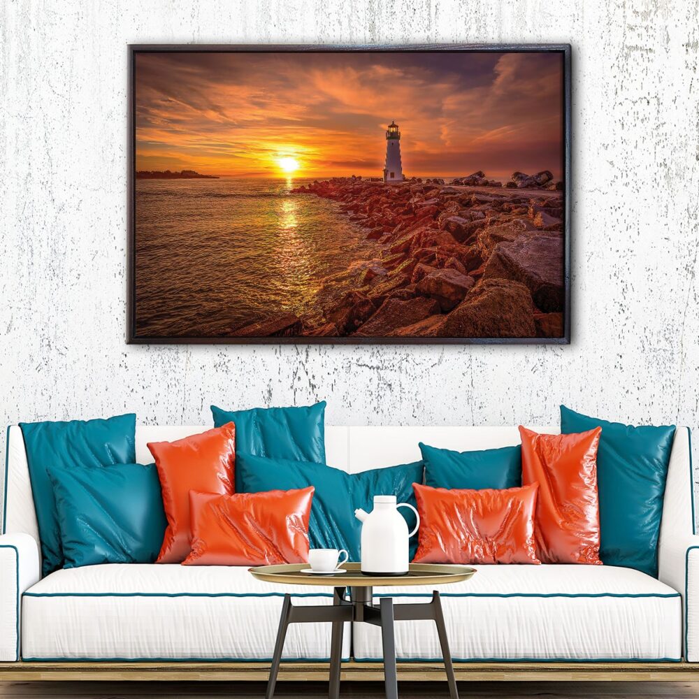 lighthouse sunset floating frame canvas