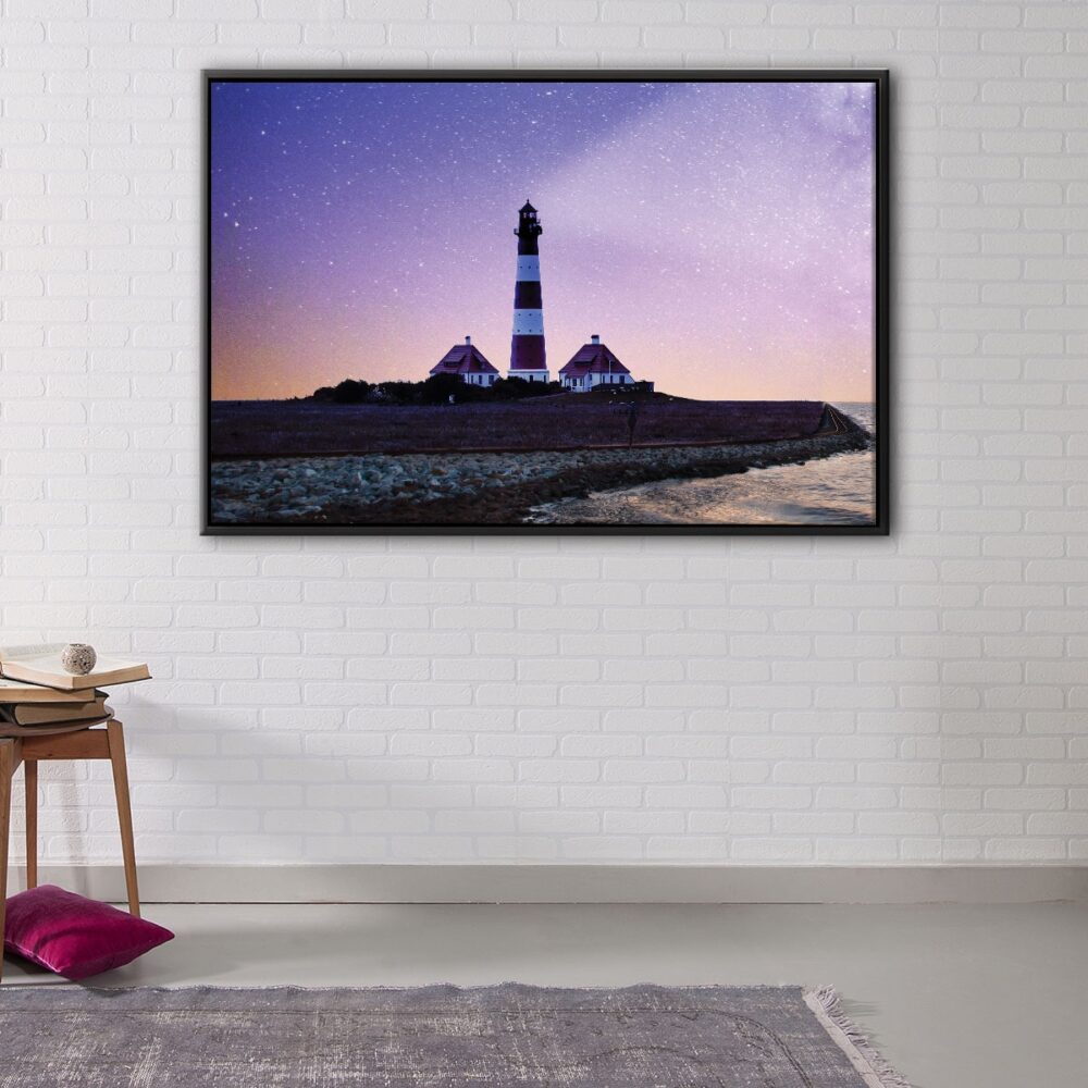 Lighthouse and stars floating frame canvas