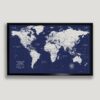 navy blue push pin world map - black frame