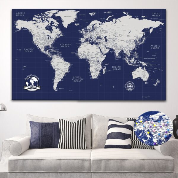 navy blue push pin world map canvas