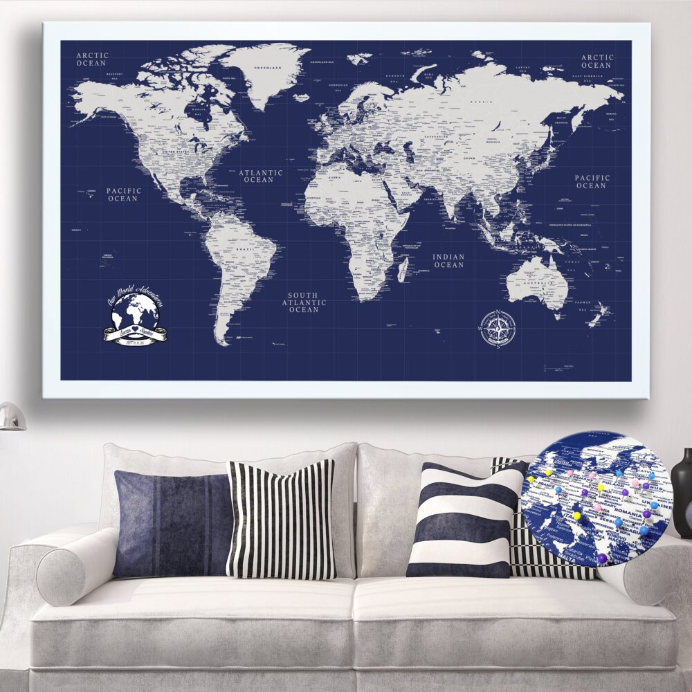 navy blue push pin world map framed