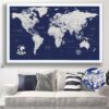 navy blue push pin world map framed