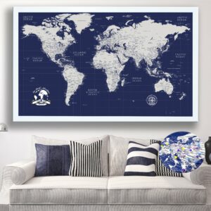 Navy Blue Push Pin World Map | Custom Travel Map | Canvas Art Bay