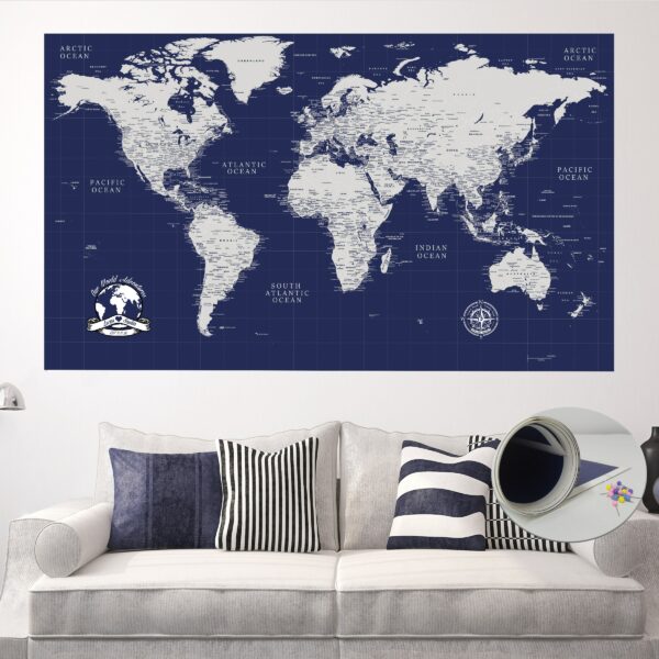 navy blue push pin world map poster print